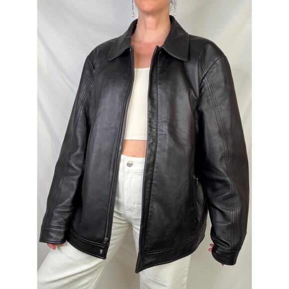 Vintage Y2K black leather bomber jacket coat oversized Merona moto genuine L - Picture 12 of 15